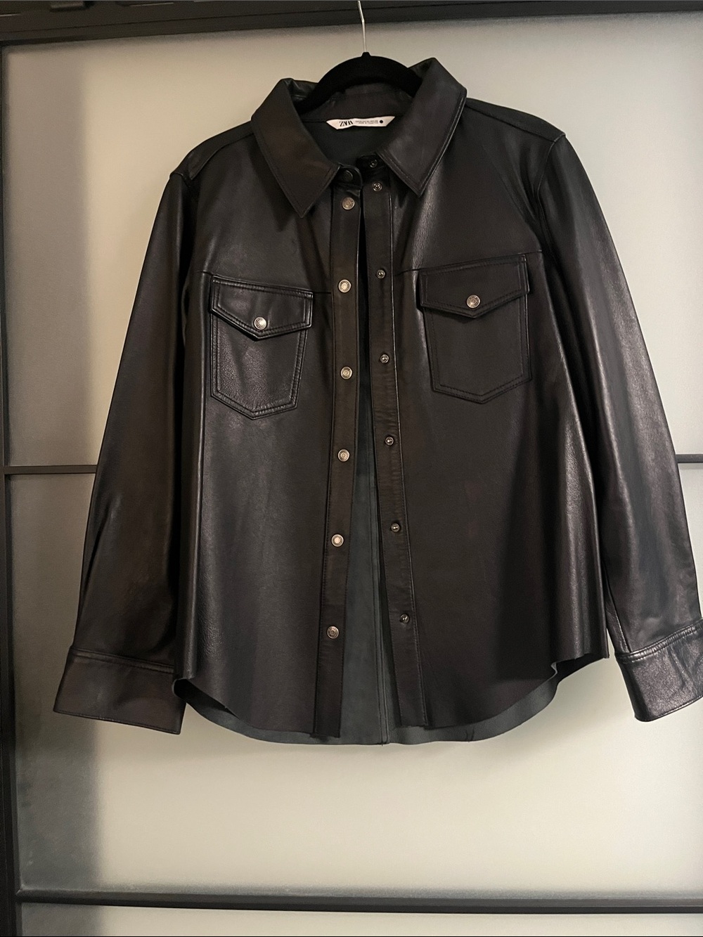 Zara Black REAL Leather Button-Front top